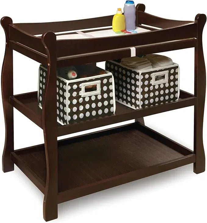 Tony Wooden changing area. Badger Basket White Sleigh Style Baby Changing Table with Storage Shelves - Adenzo Comfies