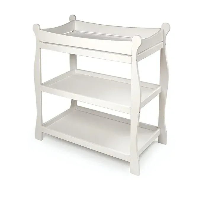 Tony Wooden changing area. Badger Basket White Sleigh Style Baby Changing Table with Storage Shelves - Adenzo Comfies