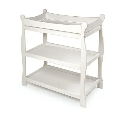 Tony Wooden changing area. Badger Basket White Sleigh Style Baby Changing Table with Storage Shelves - Adenzo Comfies