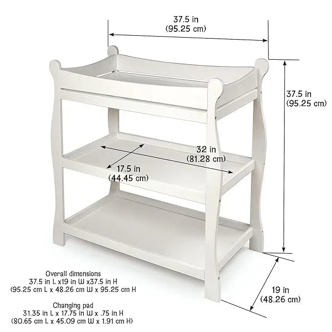 Tony Wooden changing area. Badger Basket White Sleigh Style Baby Changing Table with Storage Shelves - Adenzo Comfies