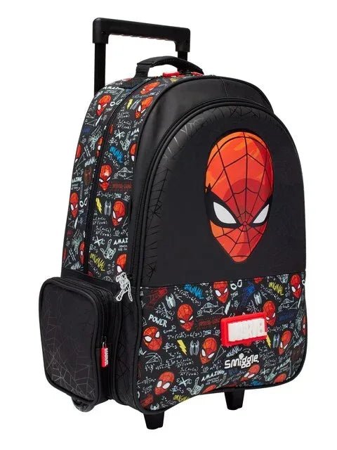 Smiggle Black Spider - Man Kids Suitcase Backpack Trolley Bag with Light - Up Wheels – Rolling School Bag - Adenzo Comfies