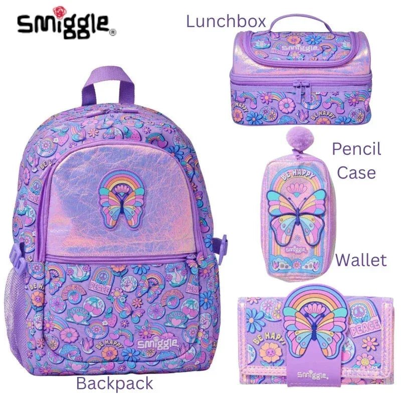 Smiggle Butterfly Design Set Backpack for Children, 42cm, 4 Pcs, Wallet, Pencil Case, Lunch Bag, Backpack - Adenzo Comfies