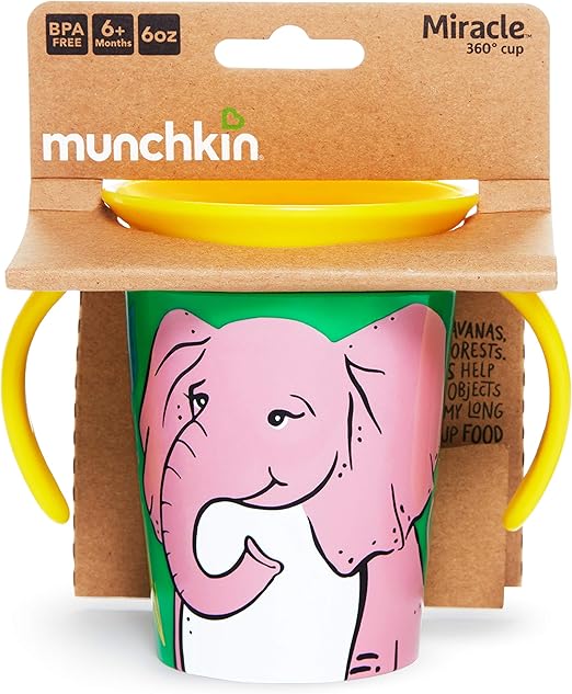 Munchkin Miracle 360° WildLove Trainer Cup| 6 oz/177 ml |Spill-Proof| BPA-Free Toddler Cup with 360° Drinking Edge - Eco-Friendly Packaging |Elephant