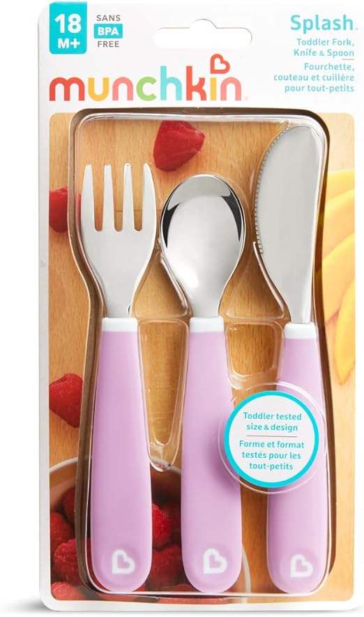 Munchkin Splash Toddler Cutlery Set (Fork, Knife & Spoon), Purple | BPA-Free, Dishwasher Safe, Easy-Grip Utensils for Self-Feeding | Safe Flatware for Babies & Toddlers 18+ Months