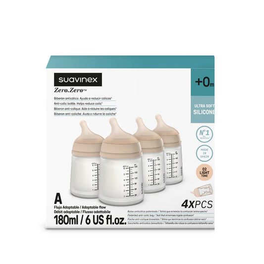 Suavinex Zero Zero Anti Colic Baby Feeding Bottle, No 1 Spanish Baby Feeding Bottle Brand, Perfect for Breastfeeding Babies 180ml x4 Set of 4