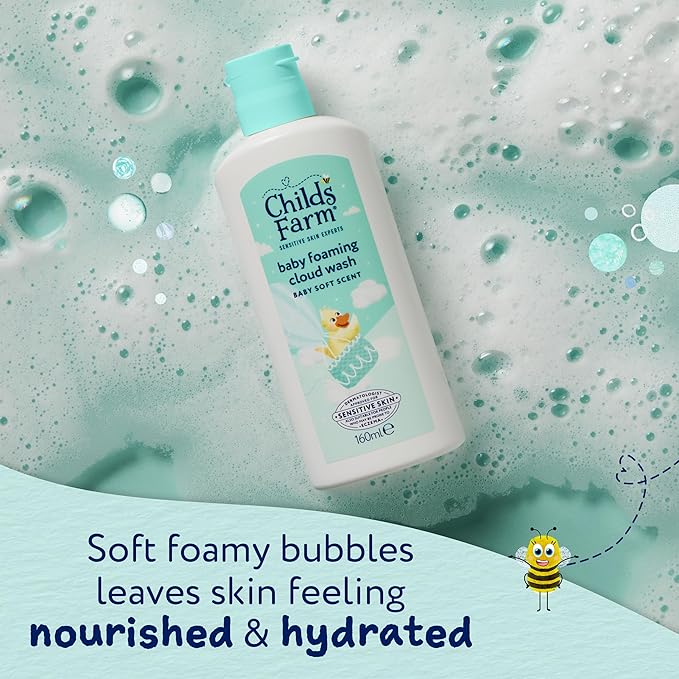 Childs Farm Baby Foaming Cloud Face & Body Wash, Baby Soft Scent | Tear-free, Gently Cleanses & Soothes | Suitable for Newborns with Dry, Sensitive Skin, 160ml