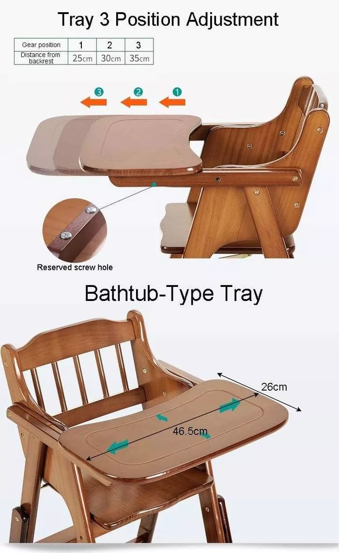 Adjustable & Foldable Wooden High Chair and Tray, Highchair for Babies and Toddlers Dining
