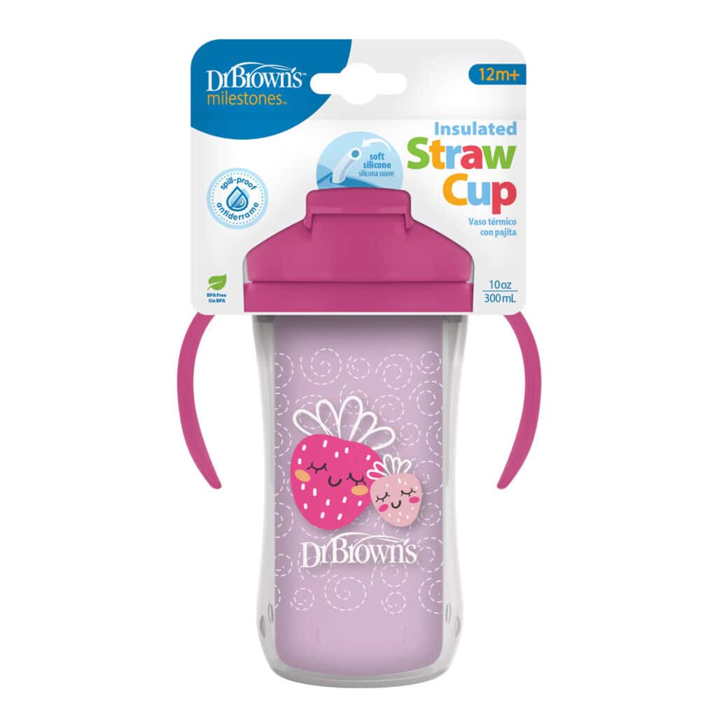 Dr. Brown’s® Milestones™ Strawberry Insulated Straw Cup Pink Strawberries 300ml. - Adenzo Comfies