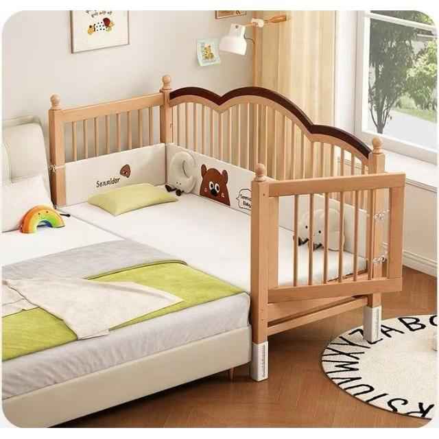 Walnut Wood Children's Interlocking Bed, Solid Wood Baby Bed, Large Bed With Adjustable Guardrails, Widened Legs, Baby Bed For bed Bumpers or Other Mattress Styles - Adenzo Comfies