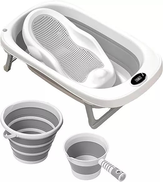 Tenbabe 4-in-1 Foldable Baby Bathtub Set with Silicone Bather, Thermometer, Bucket & Ladle for Newborns to Toddlers, 0-3 Years