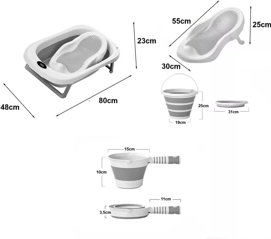 Tenbabe 4-in-1 Foldable Baby Bathtub Set with Silicone Bather, Thermometer, Bucket & Ladle for Newborns to Toddlers, 0-3 Years