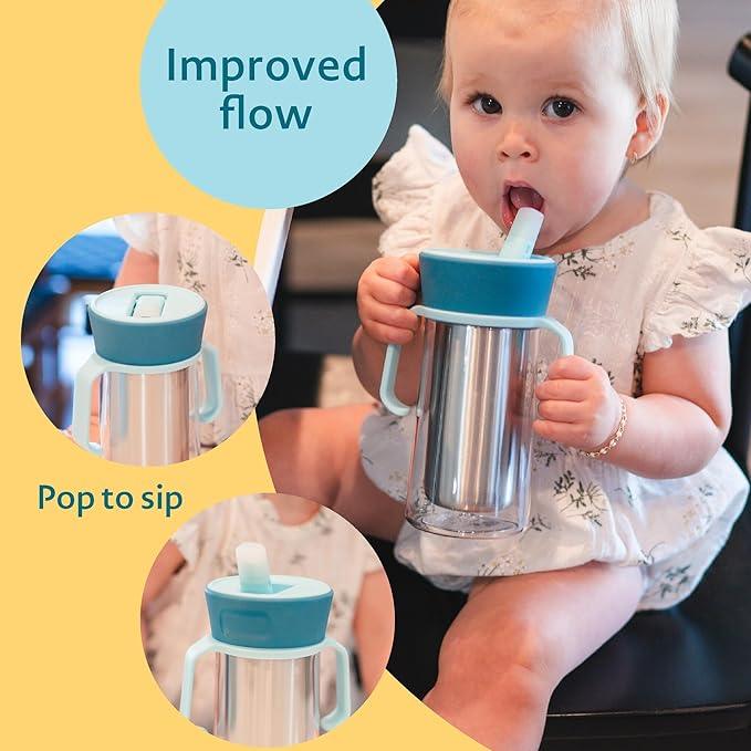The First Years CoolCore Insulated Toddler Straw Cup - Transitional Toddler Trainer Cup Converts to Water Bottle with Spill Proof Lid - 8 Ounces - Ages 12 Months and Up - Adenzo Comfies
