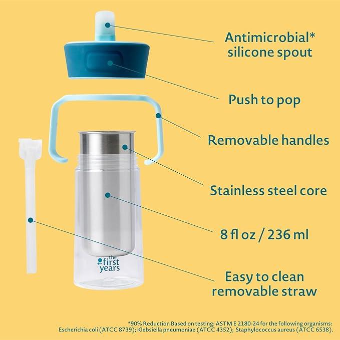 The First Years CoolCore Insulated Toddler Straw Cup - Transitional Toddler Trainer Cup Converts to Water Bottle with Spill Proof Lid - 8 Ounces - Ages 12 Months and Up - Adenzo Comfies