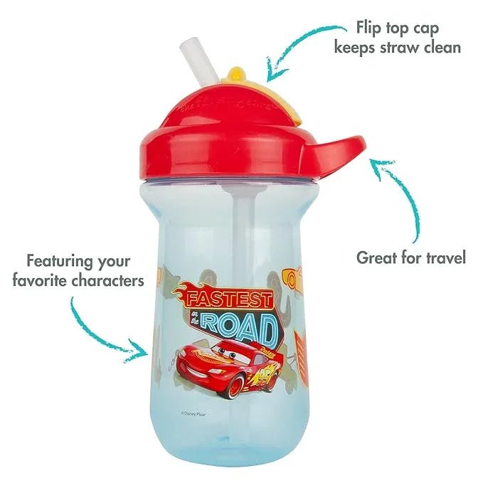 The First Years Disney/Pixar Cars Toddler Straw Cup - Spill Proof Flip Top Toddler Sippy Cups - 18 Months and Up - 10 Oz - Adenzo Comfies