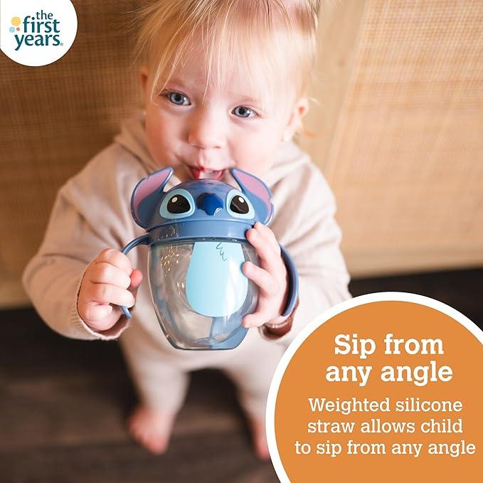 The First Years Disney Lilo & Stitch Weighted Straw Cup - Spill Proof Toddler Straw Cups with Flip Top Cover - Transition Sippy Cup - Toddler Feeding Supplies - 7 Oz - Ages 6 Months and Up - Adenzo Comfies