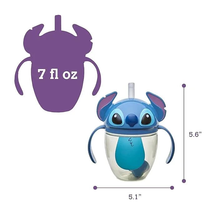The First Years Disney Lilo & Stitch Weighted Straw Cup - Spill Proof Toddler Straw Cups with Flip Top Cover - Transition Sippy Cup - Toddler Feeding Supplies - 7 Oz - Ages 6 Months and Up - Adenzo Comfies