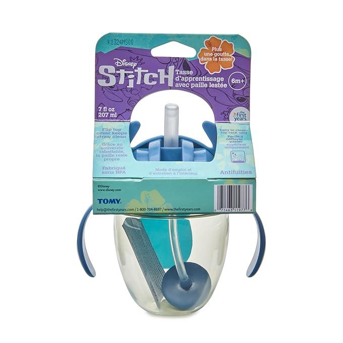 The First Years Disney Lilo & Stitch Weighted Straw Cup - Spill Proof Toddler Straw Cups with Flip Top Cover - Transition Sippy Cup - Toddler Feeding Supplies - 7 Oz - Ages 6 Months and Up - Adenzo Comfies