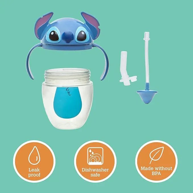 The First Years Disney Lilo & Stitch Weighted Straw Cup - Spill Proof Toddler Straw Cups with Flip Top Cover - Transition Sippy Cup - Toddler Feeding Supplies - 7 Oz - Ages 6 Months and Up - Adenzo Comfies