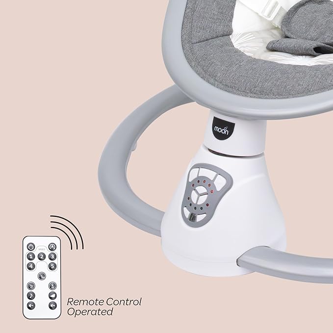 The Moon Brand Baby Swing. 0 - 6m ,Holds upto 9kg. Gentle Swaying Motion. In Built Music System. Flexible Speed and Timer Settings. With Remote Control. Motion Sensor. 5 Point Harness - Circle