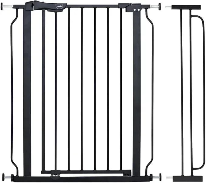 The Moon Brand Secura Baby Safety gate 76 - 80cm with 20cm extension,Auto lock barrier - Extra Wide metal guard - Child safety and pet protection - Perfect fit - adjustable width - Ideal for stair Case – Black - Adenzo Comfies