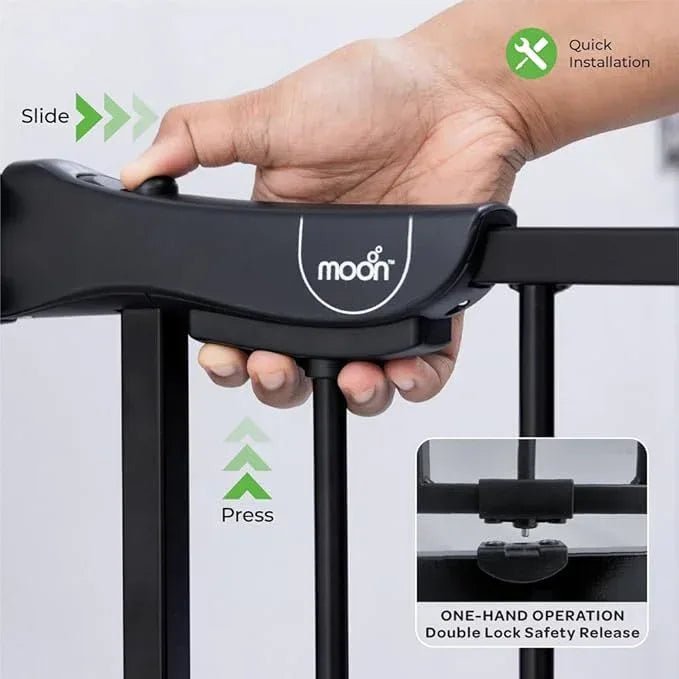 The Moon Brand Secura Baby Safety gate 76 - 80cm with 20cm extension,Auto lock barrier - Extra Wide metal guard - Child safety and pet protection - Perfect fit - adjustable width - Ideal for stair Case – Black - Adenzo Comfies