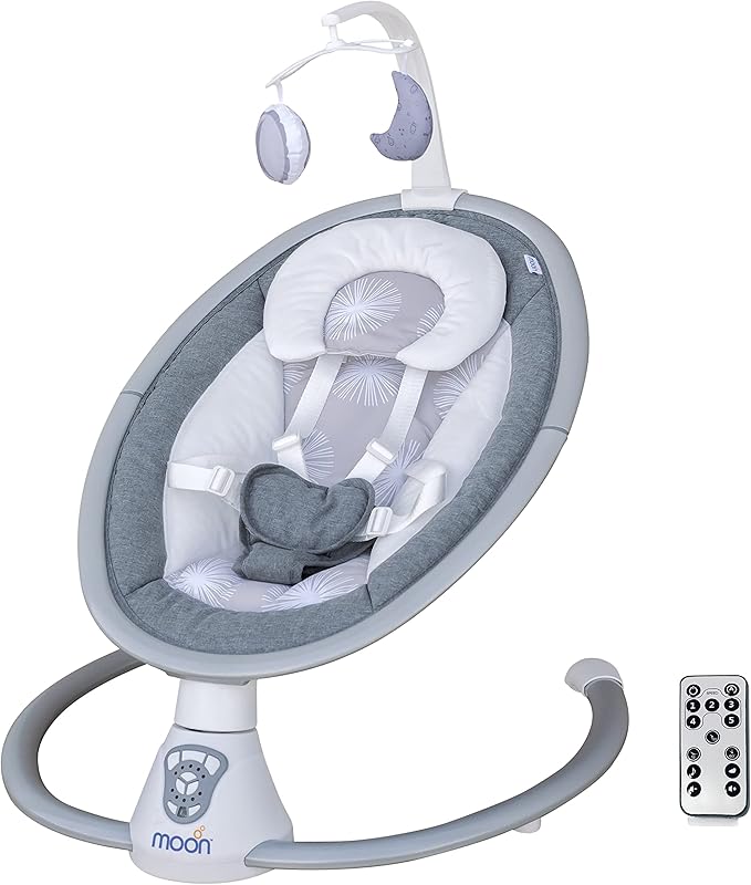 The Moon Brand Baby Swing. 0 - 6m ,Holds upto 9kg. Gentle Swaying Motion. In Built Music System. Flexible Speed and Timer Settings. With Remote Control. Motion Sensor. 5 Point Harness - Circle