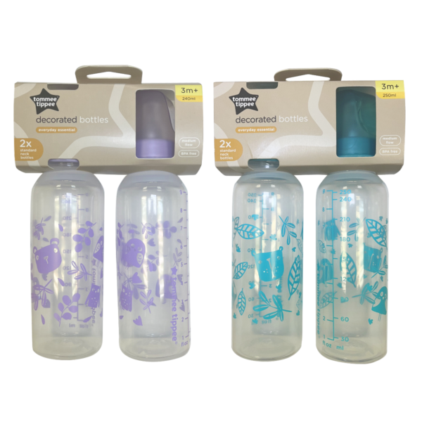 Tommee Tippee Essentials Standard Neck Baby Bottles – 3m+ (2 x 250ml) BPA-Free, Durable Feeding Bottles with Easy-Latch Teat, Anti-Colic Valve, and Dishwasher Safe Design for Comfortable Infant Feeding