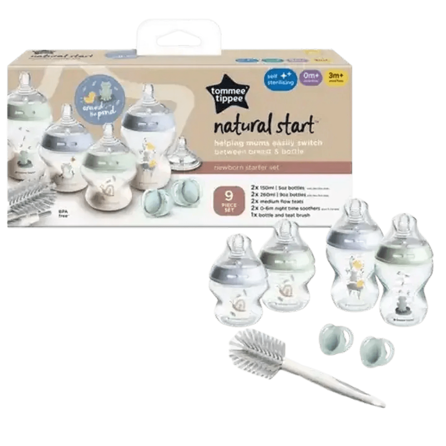 Tommee Tippee Natural Start Newborn Starter Set, 150ml and 260ml Anti - Colic Baby Bottles,Teat and Bottle Brush - Adenzo Comfies