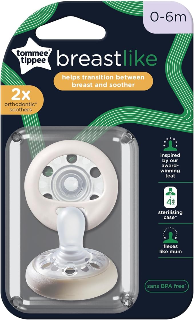 Tommee Tippee Breast-Like Soothers, 0-6m, 2 Pack, Skin-Like Feel, Silicone Nipple-Shaped Teat, Air Ventilation Holes, Orthodontic Design, BPA-Free Dummy