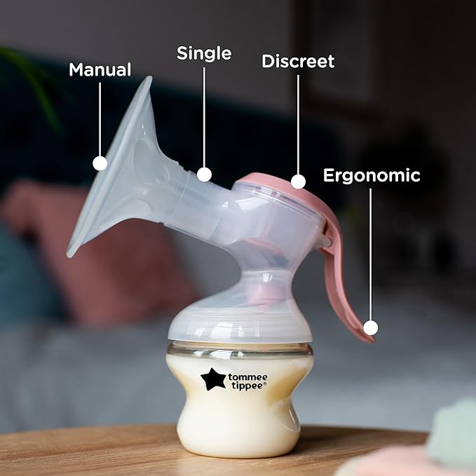 Tommee Tippee Made for Me Single Manual Breast Pump, Wireless and Portable Breastfeeding Supplies, Ergonomic Hand Pump, Massaging Cushions, Direct Pump to Bottle Transition