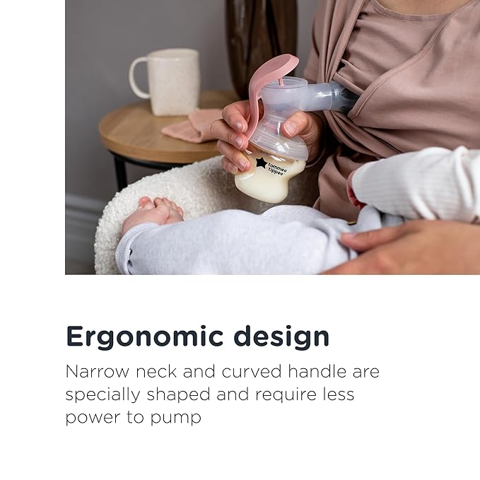 Tommee Tippee Made for Me Single Manual Breast Pump, Wireless and Portable Breastfeeding Supplies, Ergonomic Hand Pump, Massaging Cushions, Direct Pump to Bottle Transition