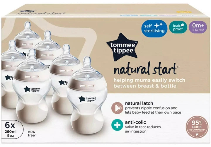 Tommee Tippee Natural Start Anti-Colic 9 oz BPA Free Baby Bottles, 0+ Months, Slow Flow Breast-Like Nipple, Self Sterilizing, Designed for Seamless Transition Between Bottle & Breast, Fiesta,Pack of 6