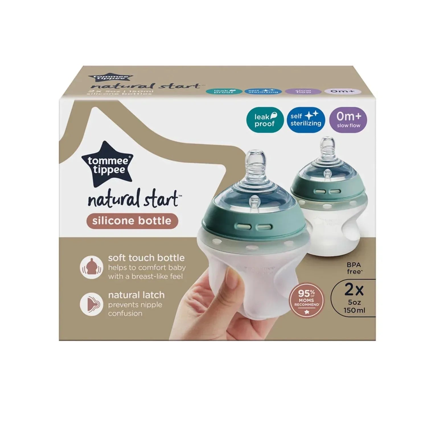 Tommee Tippee Natural Start Anti‑Colic Baby Bottles – 5 oz – BPA‑Free Silicone – Slow Flow Breast‑Like Nipple – Clear – Pack of 2 - Adenzo Comfies