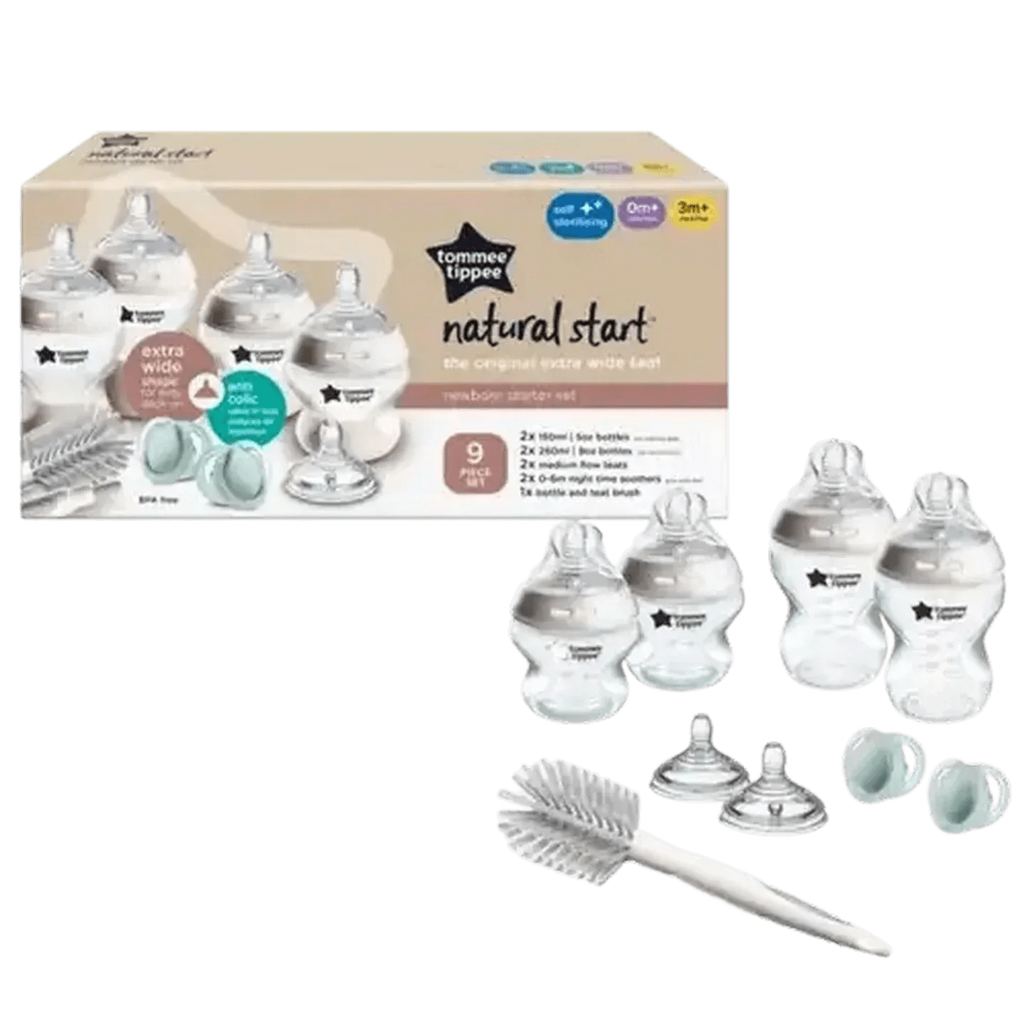 Tommee Tippee Natural Start Newborn Starter Set, 150ml and 260ml Anti - Colic Baby Bottles,Teat and Bottle Brush - Adenzo Comfies