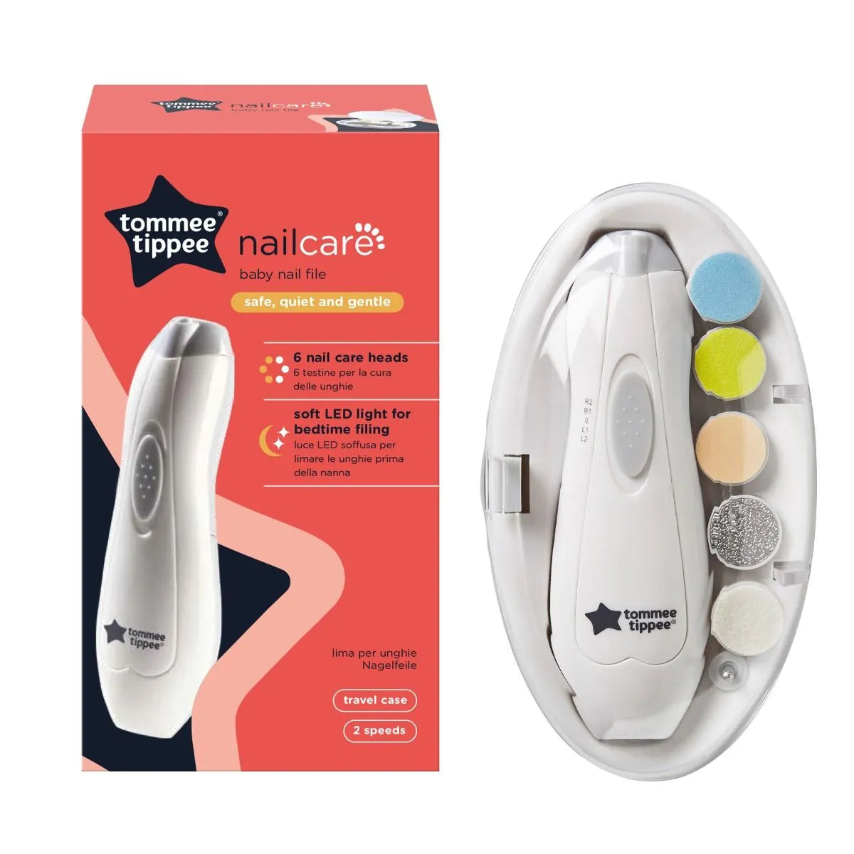 Tommee Tippee Electric Baby Nail File – 6 Filing Heads, LED Light, Adjustable Speed & Direction, Infant Use, Unisex