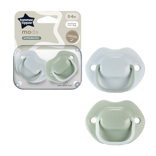 Tommee Tippee Moda Orthodontic Soother – 0–6 Months, 2 Pack (Powder Blue & Mint / White & Beige / White & Pink) - Adenzo Comfies