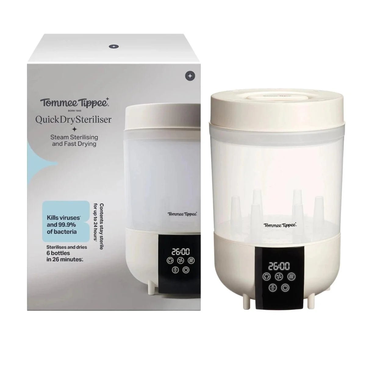 Tommee Tippee Quickdry Steriliser – Steam Steriliser for Baby Bottles & Accessories, 4 Modes, 26‑Minute Cycle, Kills Viruses & 99.9% of Bacteria - Adenzo Comfies