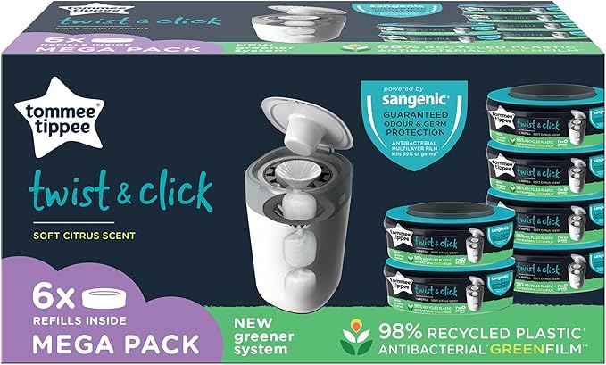 Tommee Tippee Twist & Click Advanced Nappy Bin Refill Cassettes – Multilayer Antibacterial Film, 1/3/6 Pack Variants