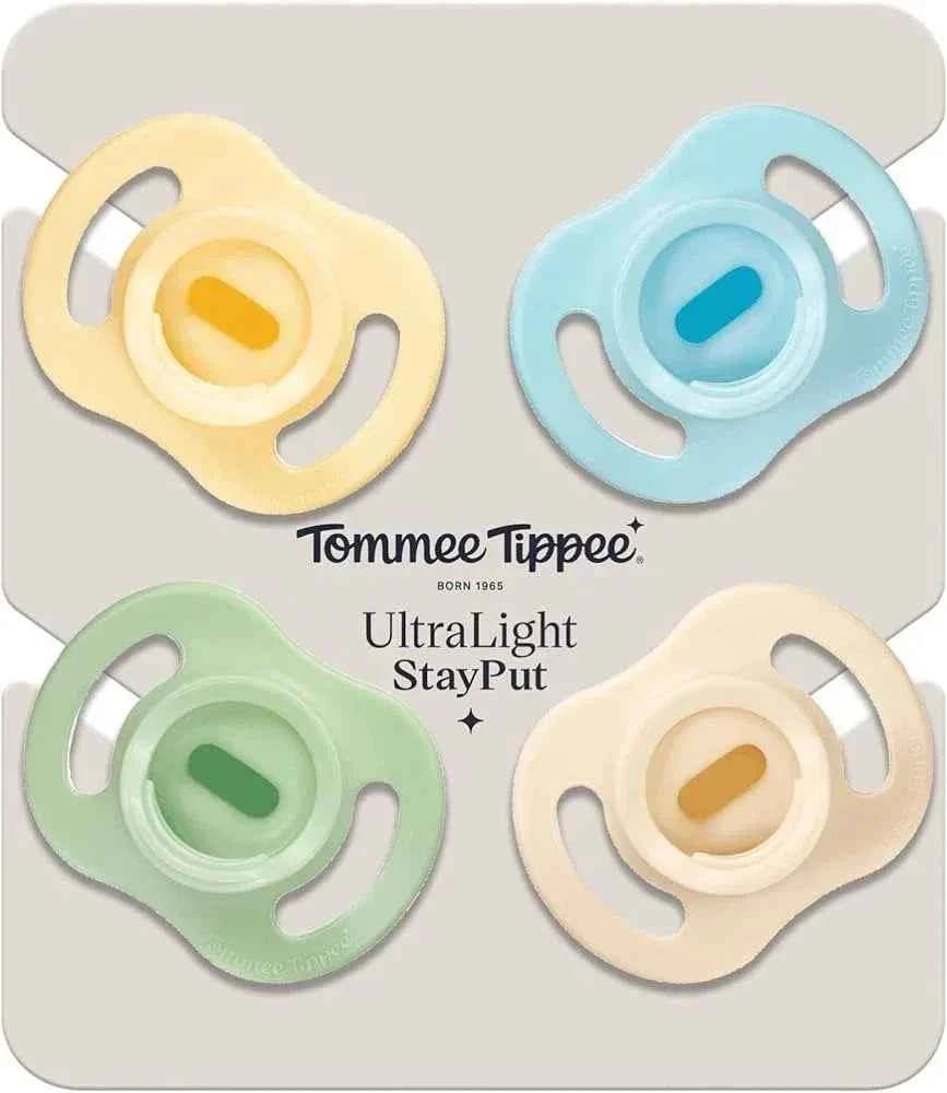 Tommee Tippee Ultra - Light Soothers, 0 - 6m, 4 Pack, Extra - Lightweight Design, Orthodontic Silicone Teat, Skin - Like Feel, Air Ventilation Holes, BPA - Free Dummy, Girl & Boy Assorted Colors - Adenzo Comfies