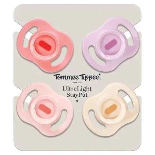 Tommee Tippee Ultra - Light Soothers, 0 - 6m, 4 Pack, Extra - Lightweight Design, Orthodontic Silicone Teat, Skin - Like Feel, Air Ventilation Holes, BPA - Free Dummy, Girl & Boy Assorted Colors - Adenzo Comfies