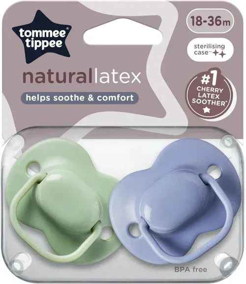 Tommee Tippee Cherry Latex Dummies for Babies 18–36 Months – Pack of 2 Orthodontic Pacifiers in Blue and Green, BPA - Free, Soft and Comfortable Soothers for Toddlers - Adenzo Comfies