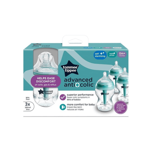 Tommee Tippee Advanced Anti - Colic Baby Bottles for 0m+, Pack of 3 260ml Baby Bottles, with Slow Flow Breast - Like Teat for a Natural Latch, Self - Sterilising and BPA Free, Baby Feeding Essentials - Adenzo Comfies