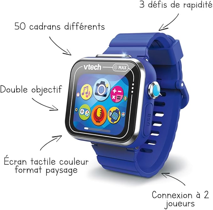 VTech - KidiZoom SmartWatch MAX Blue, kids digital watch, photo, selfie, video, horizontal touch screen, high-tech toy, gift for children and teenagers from 5 years to 14 years - content on