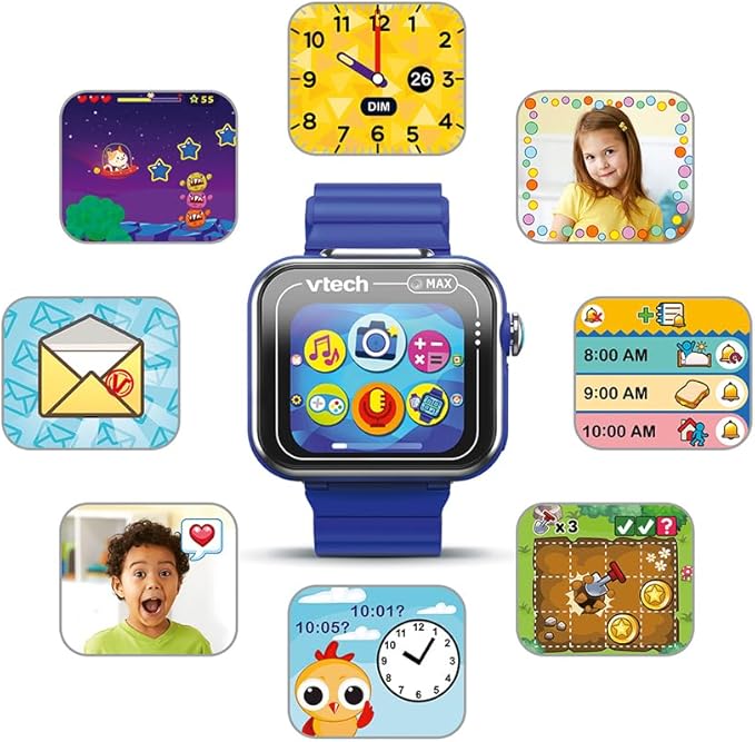 VTech - KidiZoom SmartWatch MAX Blue, kids digital watch, photo, selfie, video, horizontal touch screen, high-tech toy, gift for children and teenagers from 5 years to 14 years - content on