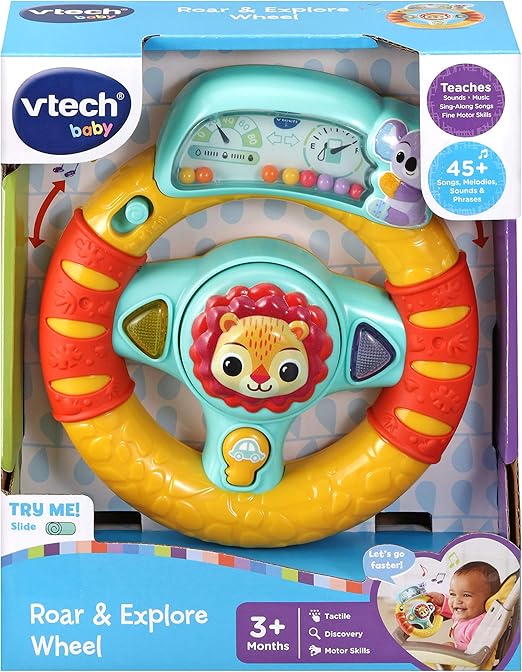 VTech Baby Roar & Explore Wheel, Interactive Baby Toy with Phrases, Songs and Lights, Sensory Toy for Babies, Attaches to Pushchairs and Car Seats, Roleplay Steering Wheel, 3 Months +, English Version
