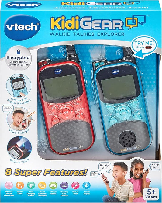 VTech KidiGear Walkie Talkies Explorer, Outdoor Walkie Talkies with Secure Digital Connection, Torch, Voice Effects, Animations and Games, Toy for Kids 5, 6, 7Plus Years, English Version