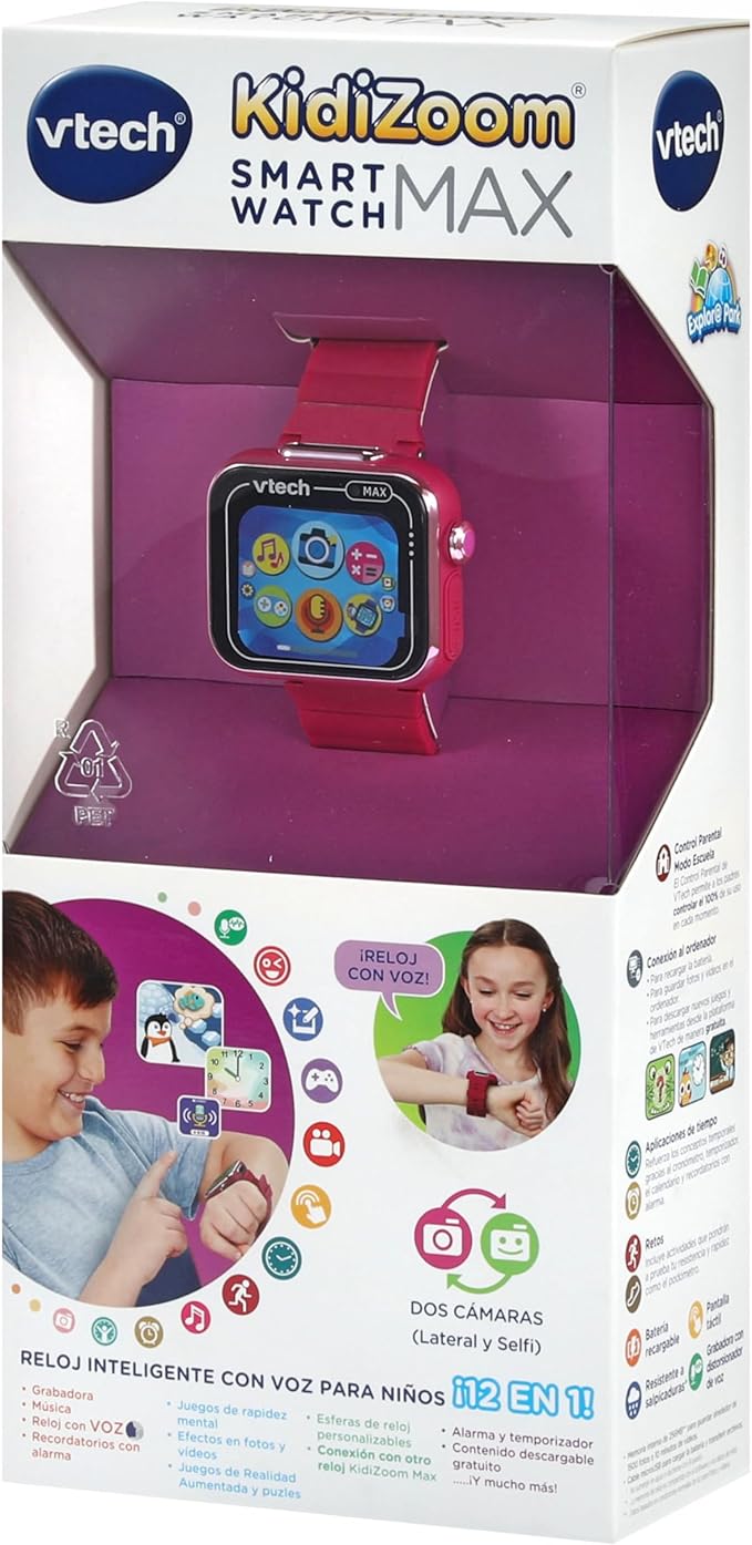 VTech Kidizoom Max Raspberry Smart Watch for Kids, Dual Camera, Video, Games, Horizontal Touch Screen, ESP Version