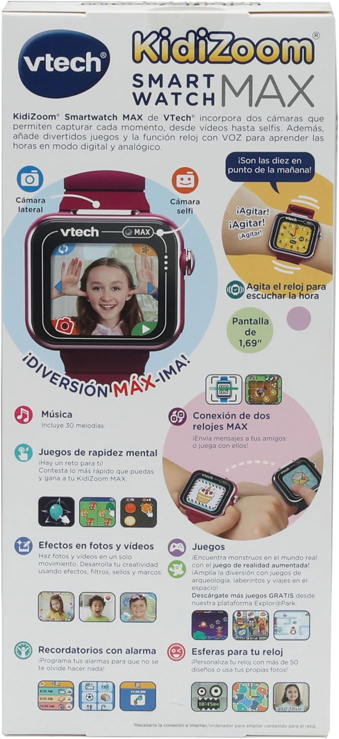 VTech Kidizoom Max Raspberry Smart Watch for Kids, Dual Camera, Video, Games, Horizontal Touch Screen, ESP Version