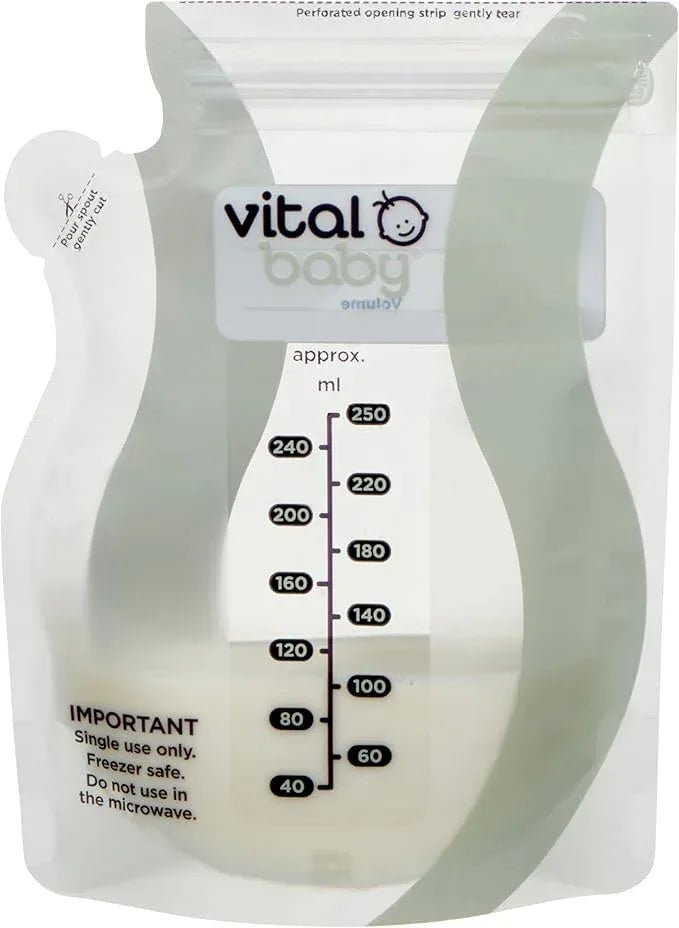 Vital Baby Nurture Easy Pour Breast Milk Storage Bags 250ml 30pk – Breastmilk Collection Pouches - Non - Spill & Leakproof with Hygiene Spout - BPA, Phthalate & Latex Free - Store in Fridge or Freezer - Adenzo Comfies