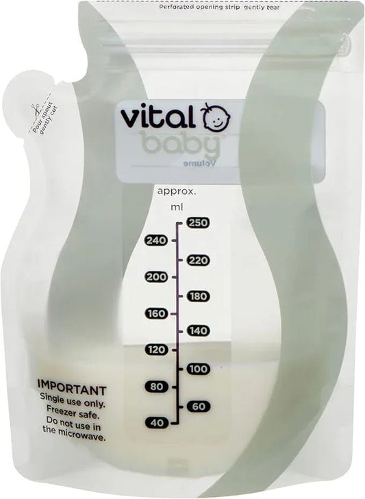 Vital Baby Nurture Easy Pour Breast Milk Storage Bags 250ml 30pk – Breastmilk Collection Pouches - Non - Spill & Leakproof with Hygiene Spout - BPA, Phthalate & Latex Free - Store in Fridge or Freezer - Adenzo Comfies